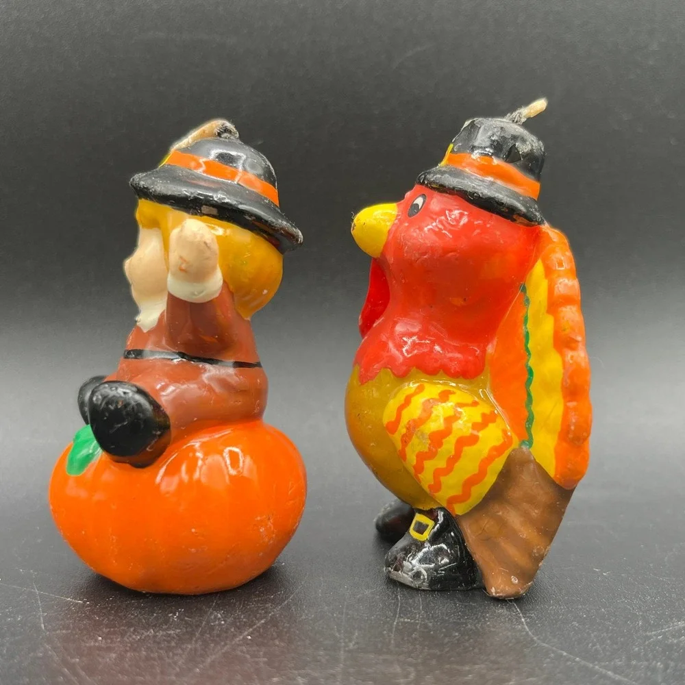 Vtg Russ Berrie Thanksgiving Candle Set Pilgrim Pumpkin Turkey 2.5